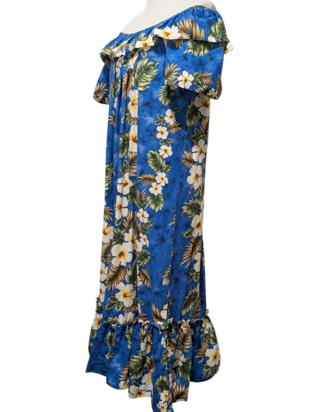 Ky's Hawaii Womens Sz L Blue Tropical Hibiscus Ruffle Off Shoulder Muumuu Dress - Picture 2 of 8